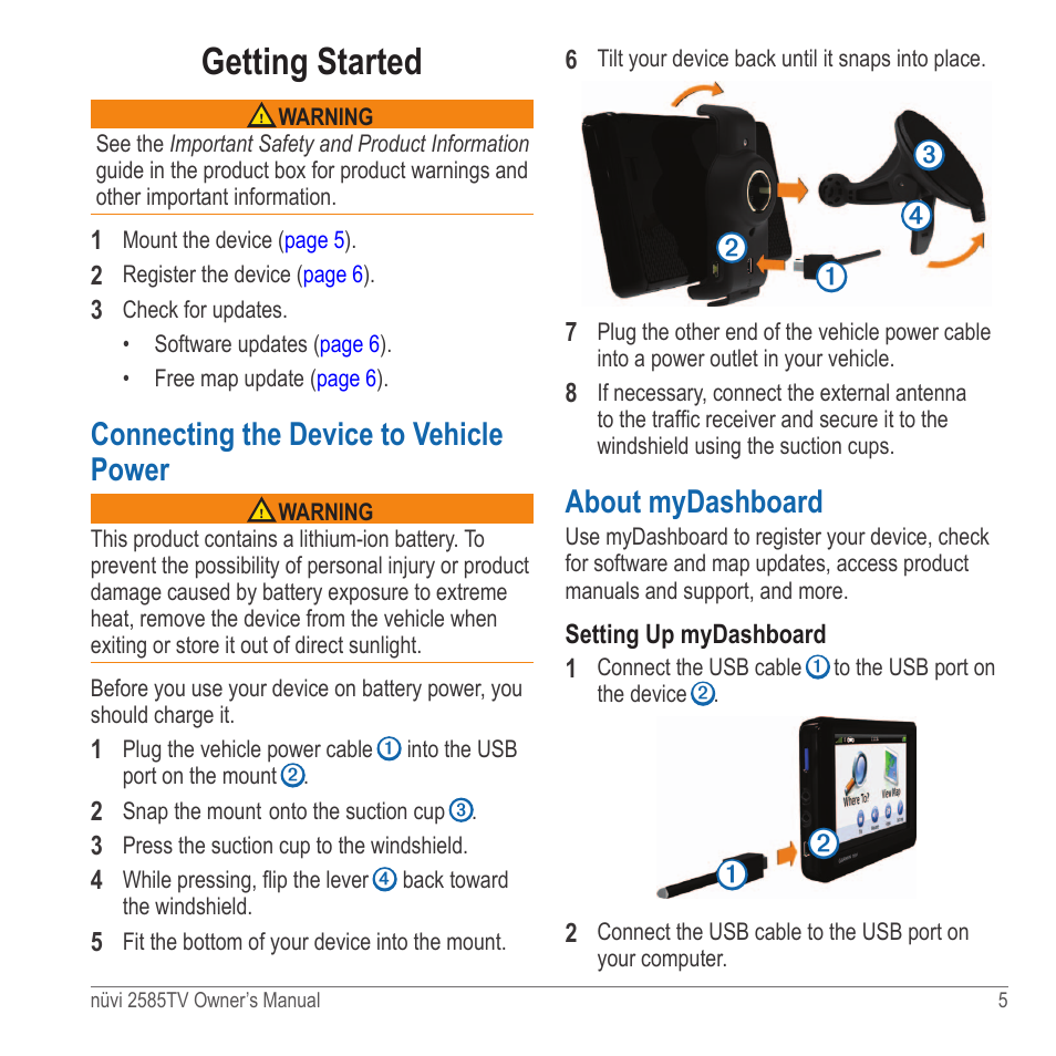Getting started, Connecting the device to vehicle power, About mydashboard | Garmin nuvi 2585TV User Manual | Page 5 / 48