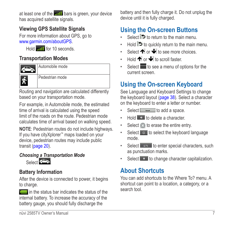 Using the on-screen buttons, Using the on-screen keyboard, About shortcuts | Garmin nuvi 2585TV User Manual | Page 7 / 48