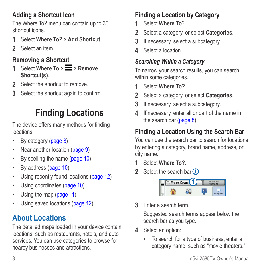 Finding locations, About locations | Garmin nuvi 2585TV User Manual | Page 8 / 48