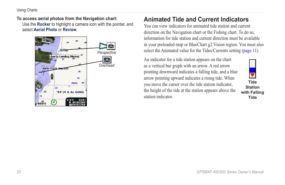 Animated tide and current indicators, Current direction indicators on the chart | Garmin GPSMAP 526s User Manual | Page 26 / 84