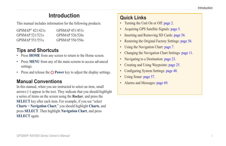 Introduction, Tips and shortcuts, Manual conventions | Quick links | Garmin GPSMAP 526s User Manual | Page 3 / 84