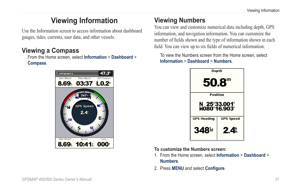 Viewing information, Viewing a compass, Viewing numbers | Garmin GPSMAP 526s User Manual | Page 37 / 84
