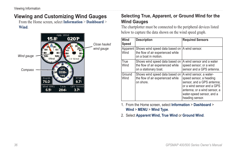 Viewing and customizing wind gauges | Garmin GPSMAP 526s User Manual | Page 42 / 84