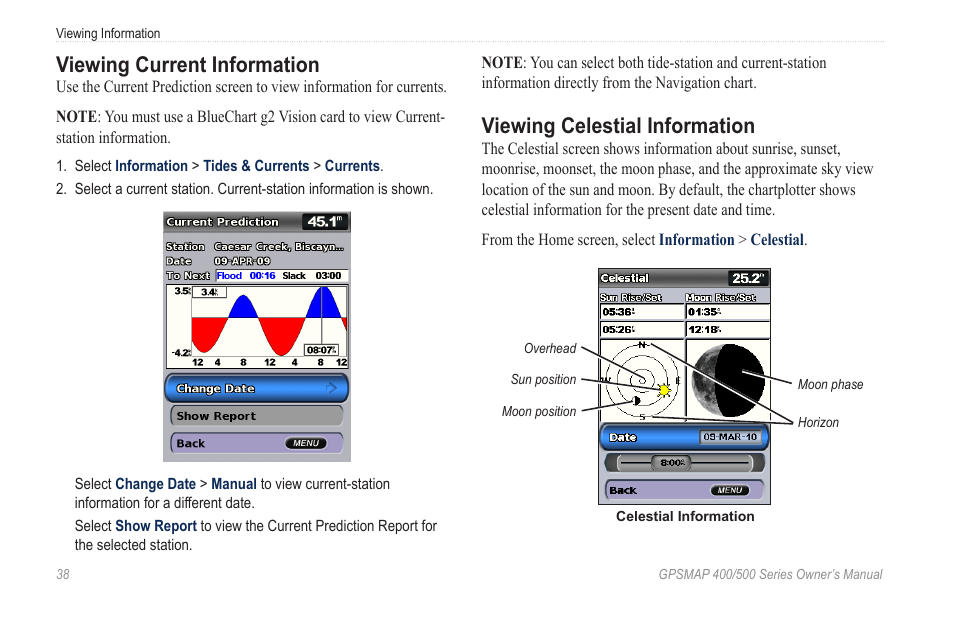 Viewing current information, Viewing celestial information, Celestial | Garmin GPSMAP 526s User Manual | Page 44 / 84