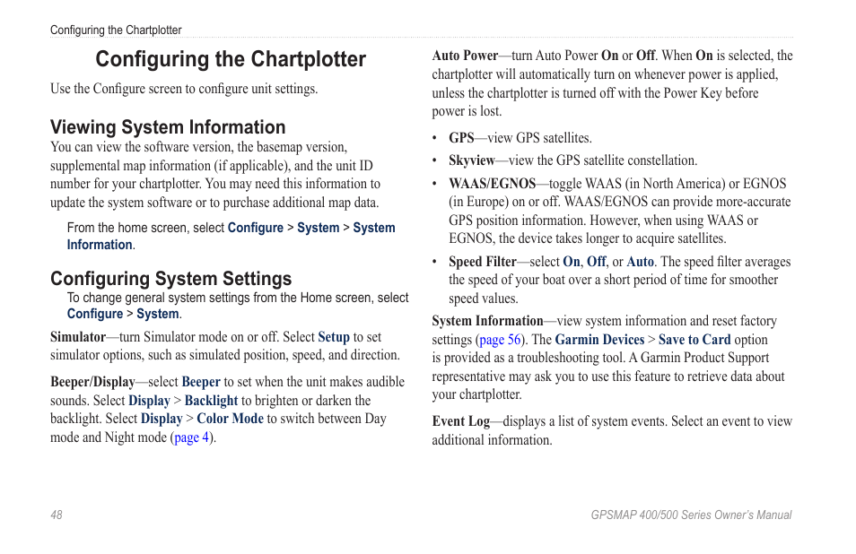 Configuring the chartplotter, Viewing system information, Configuring system settings | Access unit and system settings | Garmin GPSMAP 526s User Manual | Page 54 / 84
