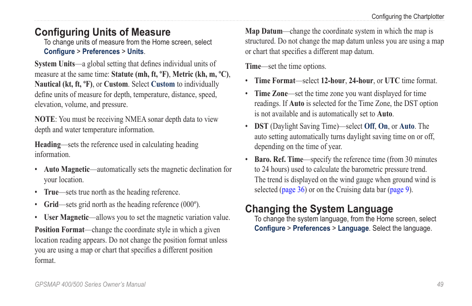 Configuring units of measure, Changing the system language | Garmin GPSMAP 526s User Manual | Page 55 / 84