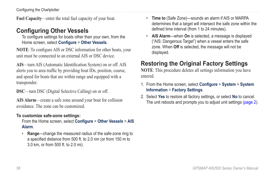 Configuring other vessels, Restoring the original factory settings, Inserting and removing sd cards | Your boat, Settings | Garmin GPSMAP 526s User Manual | Page 62 / 84