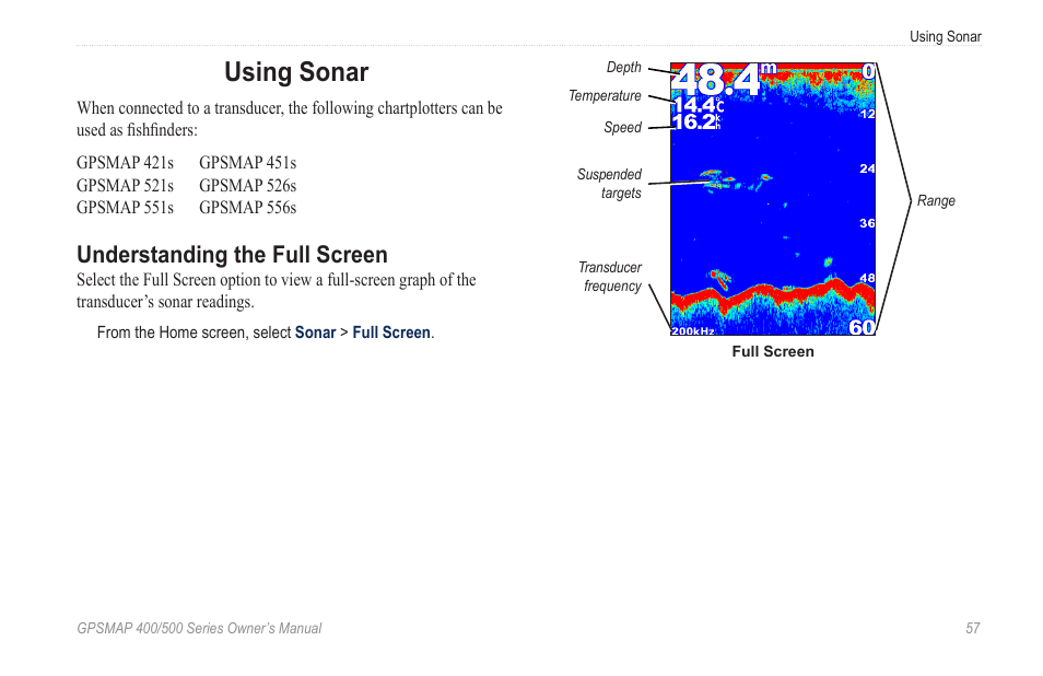 Using sonar, Understanding the full screen | Garmin GPSMAP 526s User Manual | Page 63 / 84