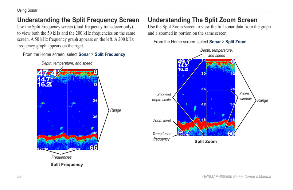Understanding the split frequency screen, Understanding the split zoom screen | Garmin GPSMAP 526s User Manual | Page 64 / 84