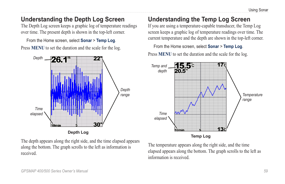 Understanding the depth log screen, Understanding the temp log screen | Garmin GPSMAP 526s User Manual | Page 65 / 84
