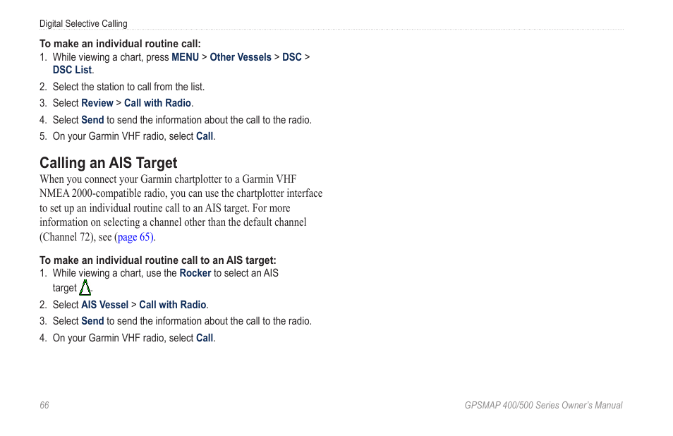 Calling an ais target | Garmin GPSMAP 526s User Manual | Page 72 / 84
