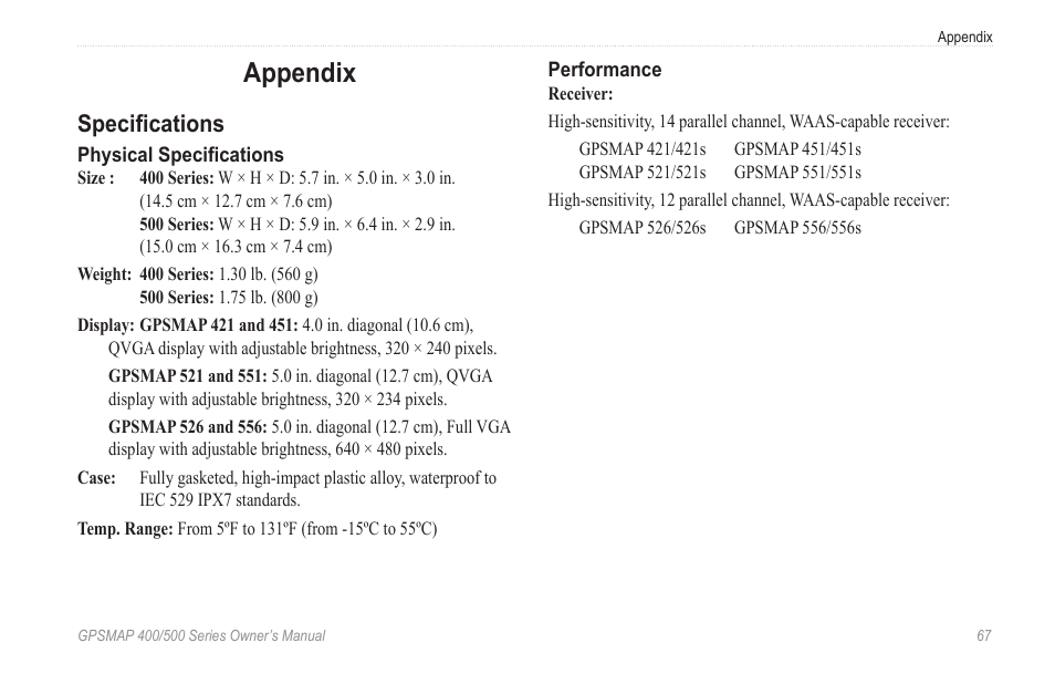 Appendix, Specifications | Garmin GPSMAP 526s User Manual | Page 73 / 84