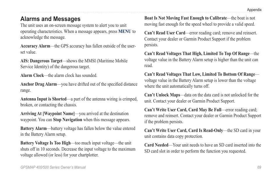Alarms and messages | Garmin GPSMAP 526s User Manual | Page 75 / 84