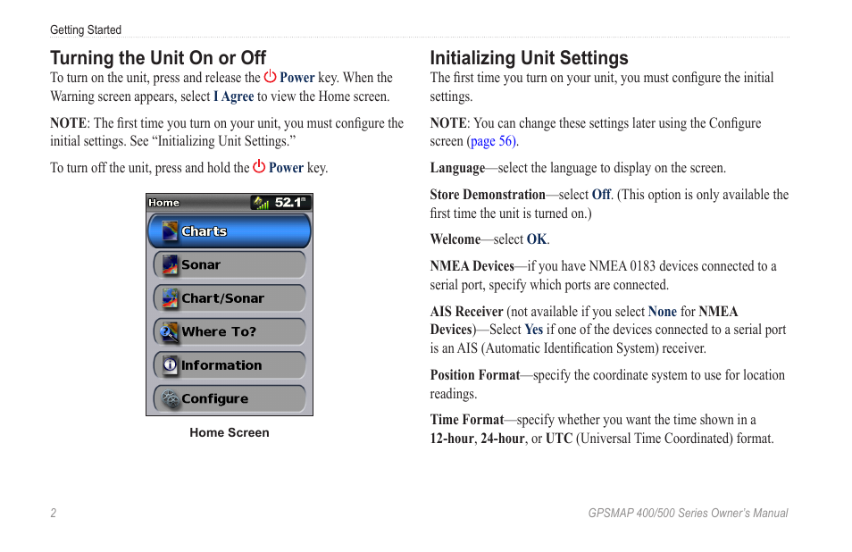 Turning the unit on or off, Initializing unit settings | Garmin GPSMAP 526s User Manual | Page 8 / 84