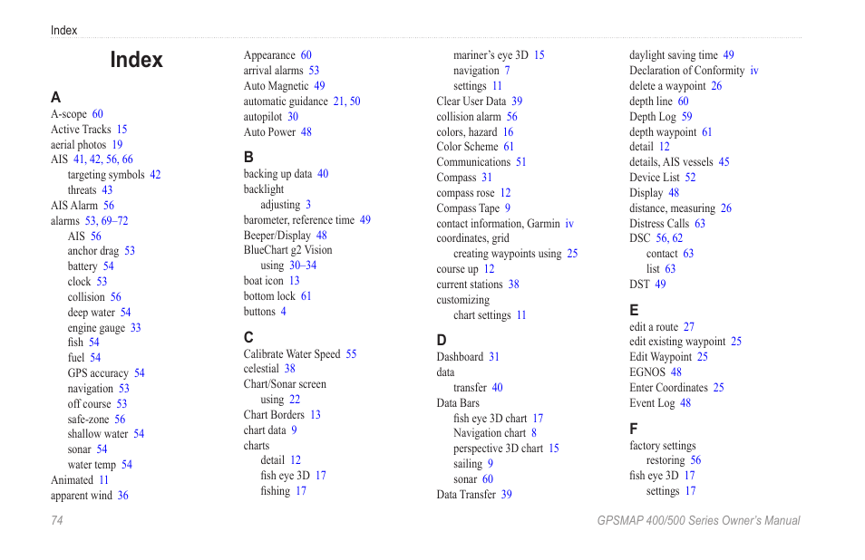 Index | Garmin GPSMAP 526s User Manual | Page 80 / 84