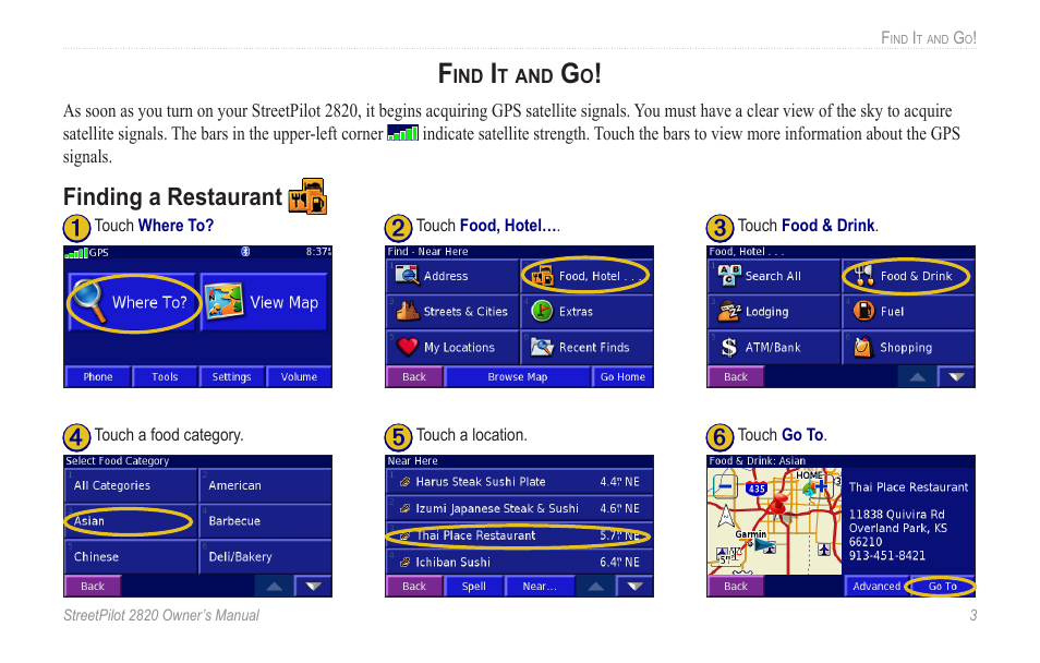 Find it and go, Finding a restaurant | Garmin StreetPilot 2820 User Manual | Page 11 / 68