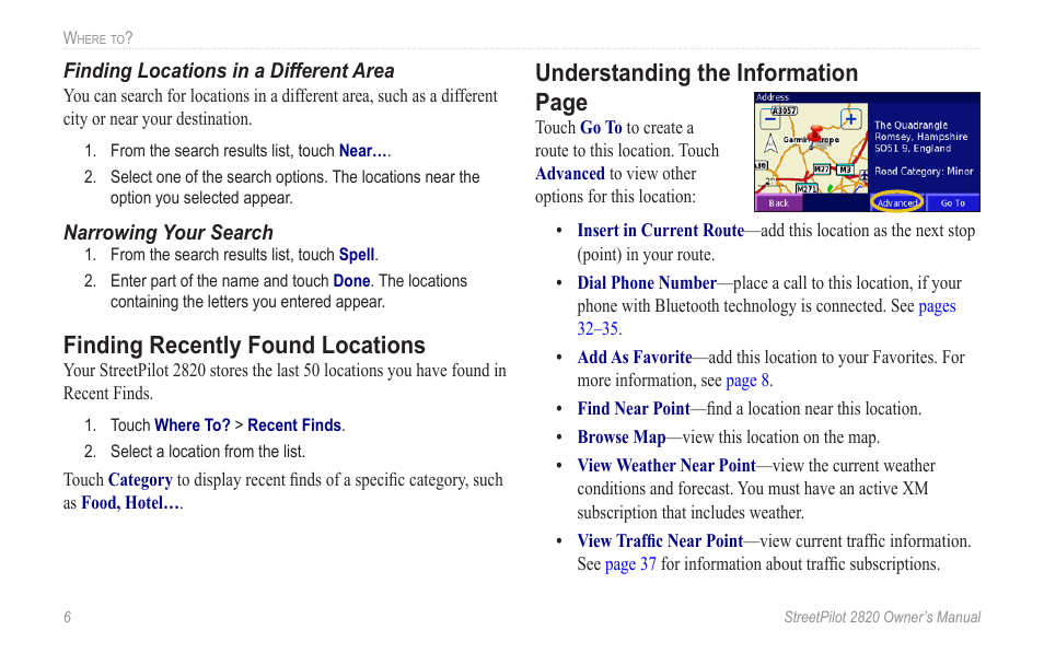 Finding recently found locations, Understanding the information page | Garmin StreetPilot 2820 User Manual | Page 14 / 68