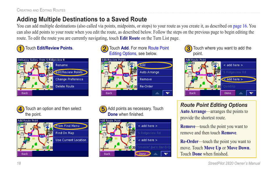 Adding multiple destinations to a saved route, For more info, see | Garmin StreetPilot 2820 User Manual | Page 26 / 68