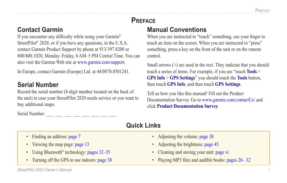 Preface, Contact garmin, Serial number | Manual conventions, Quick links | Garmin StreetPilot 2820 User Manual | Page 3 / 68