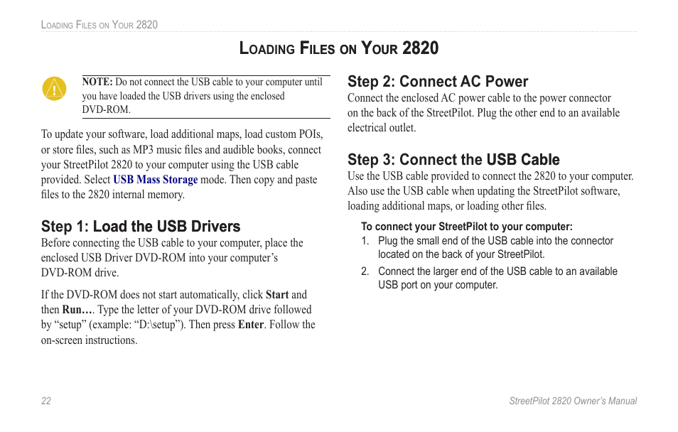 Loading files on your 2820, Step 1: load the usb drivers load the usb drivers, Step 2: connect ac power | Step 3: connect the usb cable usb cable | Garmin StreetPilot 2820 User Manual | Page 30 / 68
