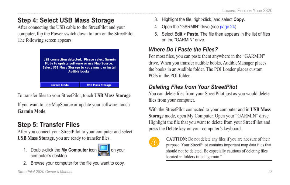 Step 4: select usb mass storage, Step 5: transfer files | Garmin StreetPilot 2820 User Manual | Page 31 / 68