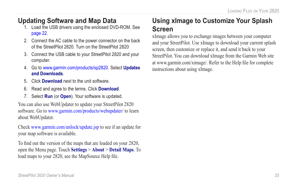 Updating software and map data, Using ximage to customize your splash screen | Garmin StreetPilot 2820 User Manual | Page 33 / 68