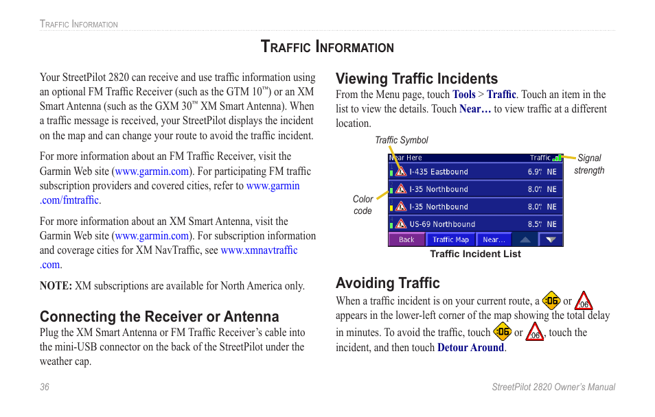 Traffic information, Connecting the receiver or antenna, Viewing traffic incidents | Avoiding traffic | Garmin StreetPilot 2820 User Manual | Page 44 / 68