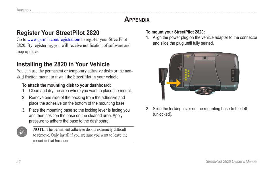Appendix, Register your streetpilot 2820, Installing the 2820 in your vehicle | Garmin StreetPilot 2820 User Manual | Page 54 / 68