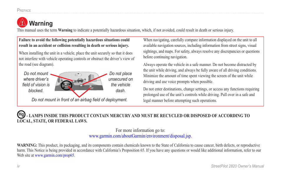 Warning | Garmin StreetPilot 2820 User Manual | Page 6 / 68