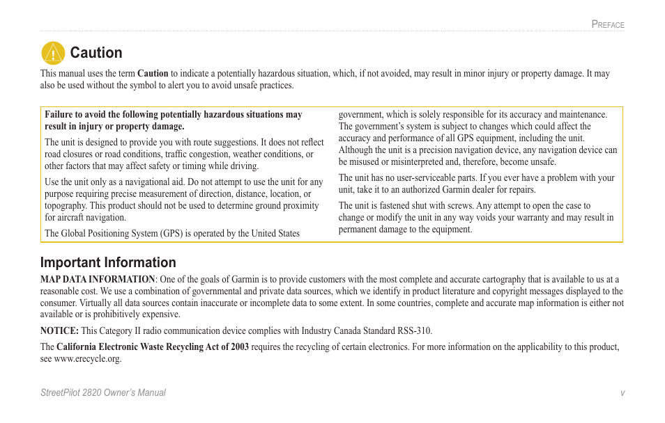 Caution, Important information | Garmin StreetPilot 2820 User Manual | Page 7 / 68