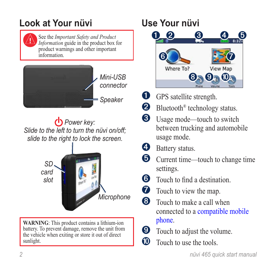 Look at your nüvi, Use your nüvi | Garmin nuvi 465TF User Manual | Page 2 / 8