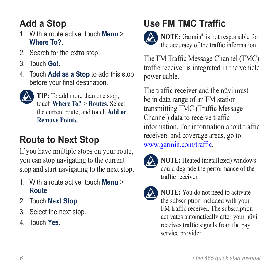 Add a stop, Route to next stop, Use fm tmc traffic | Garmin nuvi 465TF User Manual | Page 6 / 8
