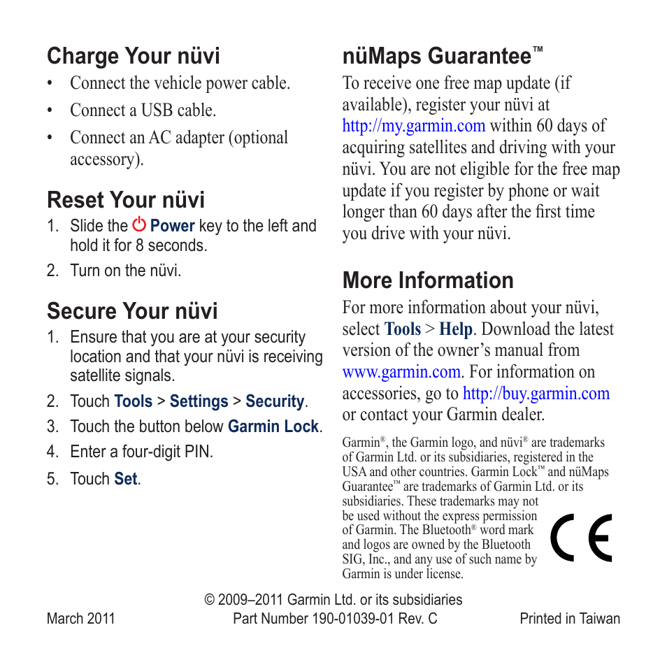 Charge your nüvi, Reset your nüvi, Secure your nüvi | Nümaps guarantee, More information | Garmin nuvi 465TF User Manual | Page 8 / 8