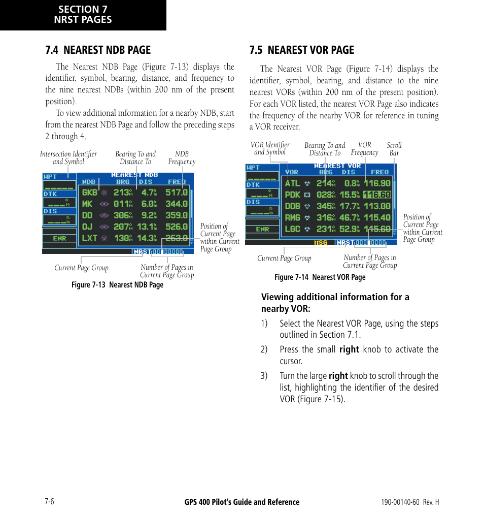 4 nearest ndb page, 5 nearest vor page | Garmin GPS 400 User Manual | Page 130 / 244