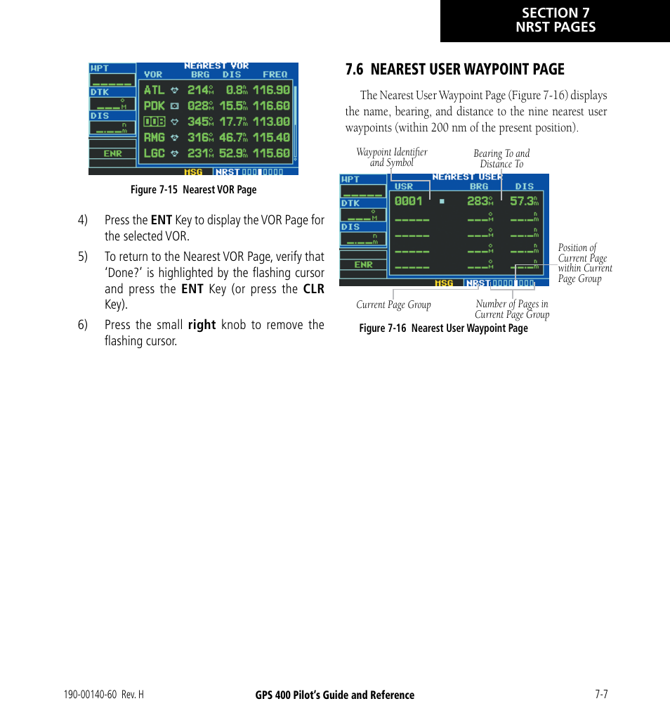 6 nearest user waypoint page | Garmin GPS 400 User Manual | Page 131 / 244
