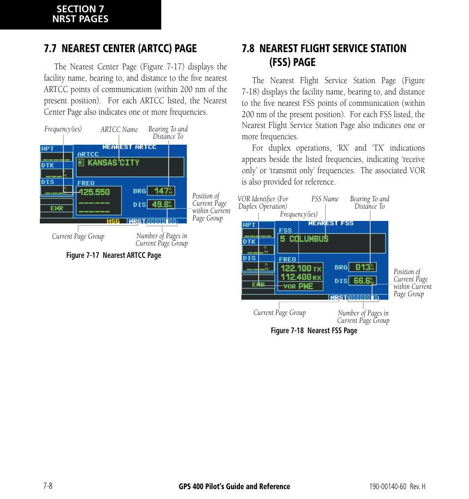 7 nearest center (artcc) page, 8 nearest flight service station (fss) page | Garmin GPS 400 User Manual | Page 132 / 244