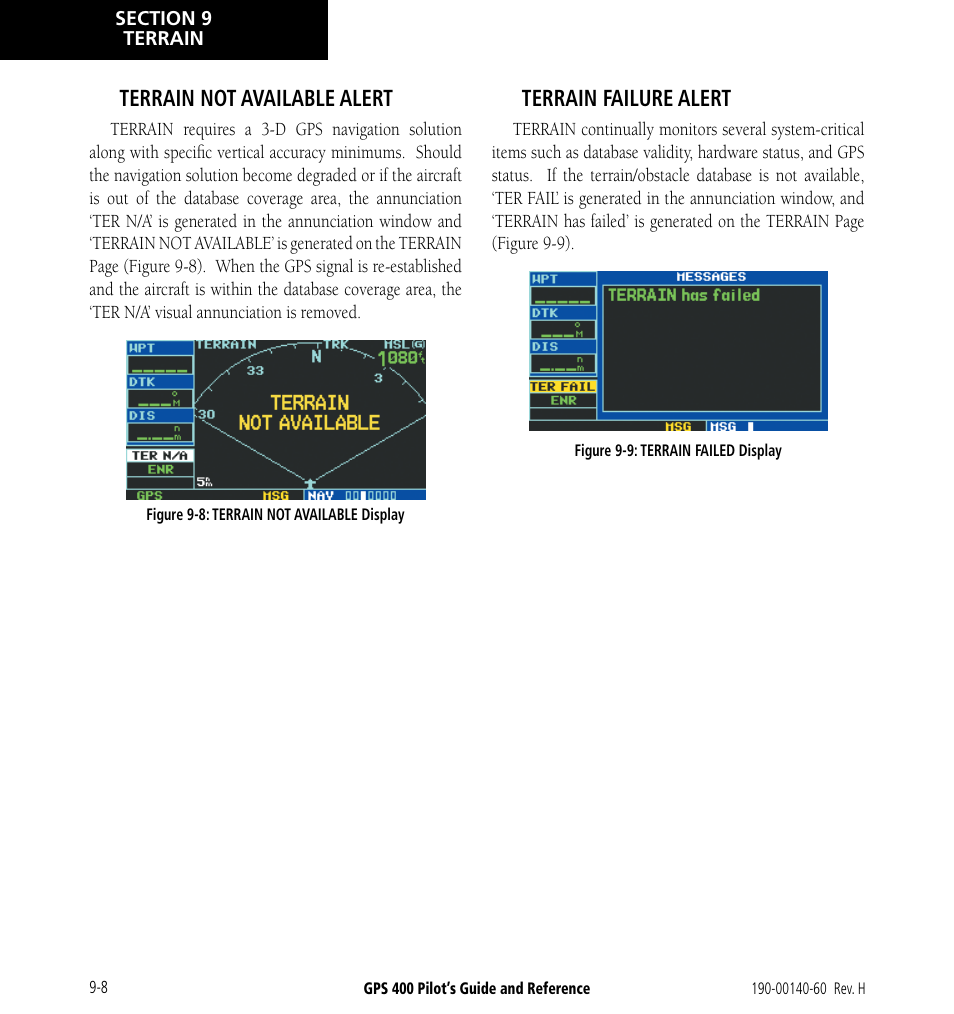 Terrain not available alert, Terrain failure alert | Garmin GPS 400 User Manual | Page 176 / 244