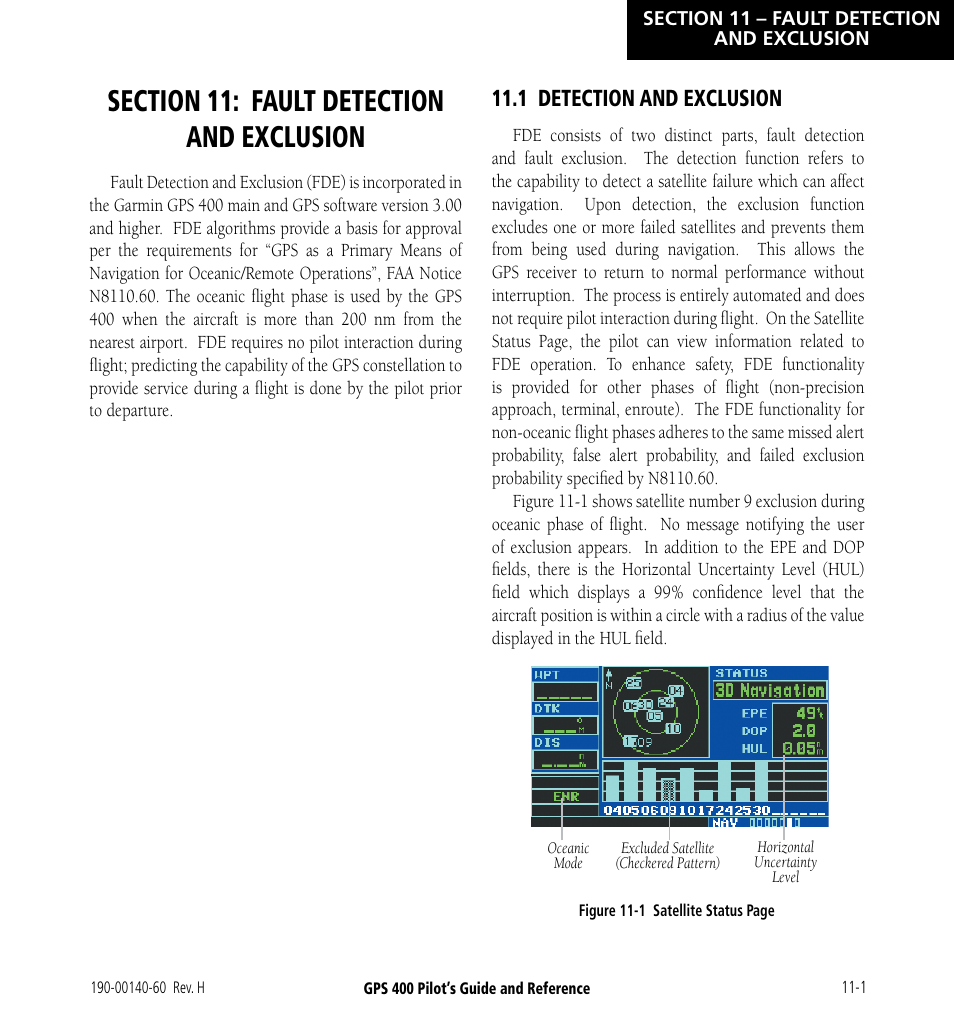 Section 11: fault detection and exclusion, 1 detection and exclusion, Section 11: fault detection & exclusion | 1 detection and exclusion -1 | Garmin GPS 400 User Manual | Page 215 / 244