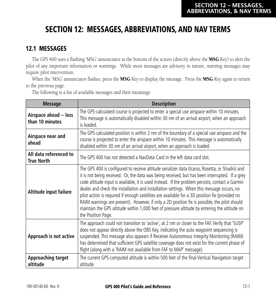 Section 12: messages, abbreviations, and nav terms, 1 messages, Section 12: messages, abbreviations | Nav terms, 1 messages -1 | Garmin GPS 400 User Manual | Page 217 / 244