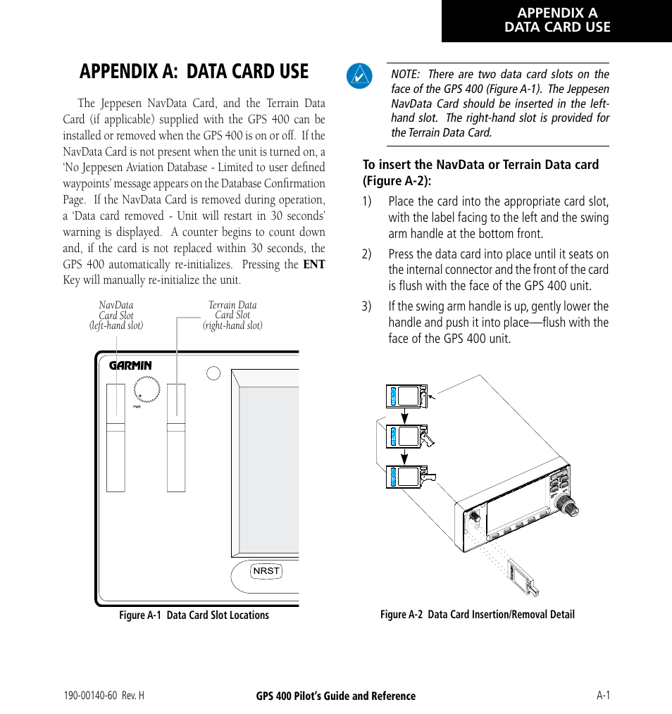 Appendix a: data card use | Garmin GPS 400 User Manual | Page 229 / 244
