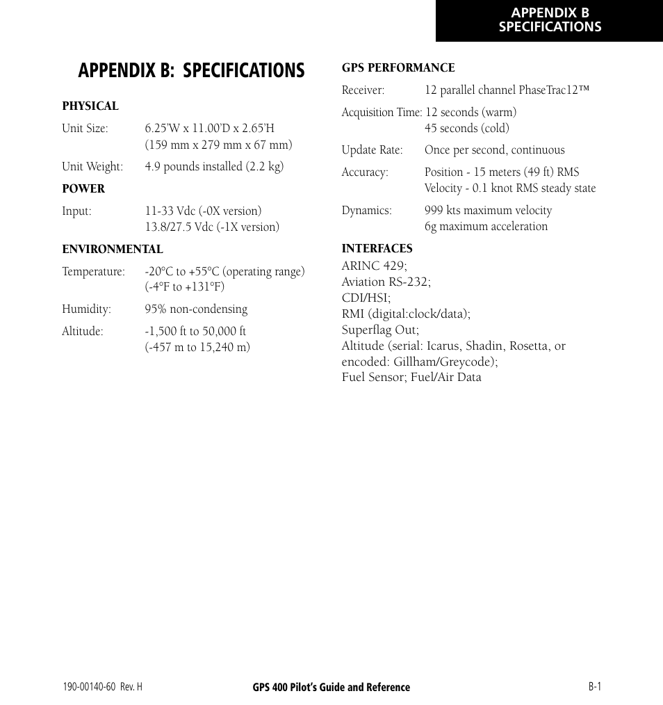 Appendix b: specifications | Garmin GPS 400 User Manual | Page 231 / 244