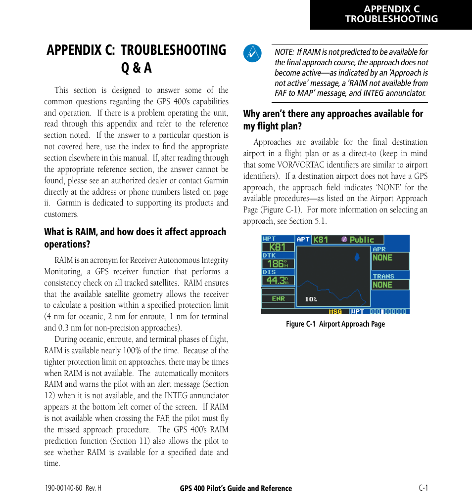 Appendix c: troubleshooting q & a | Garmin GPS 400 User Manual | Page 233 / 244