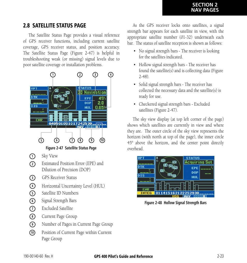 8 satellite status page | Garmin GPS 400 User Manual | Page 49 / 244