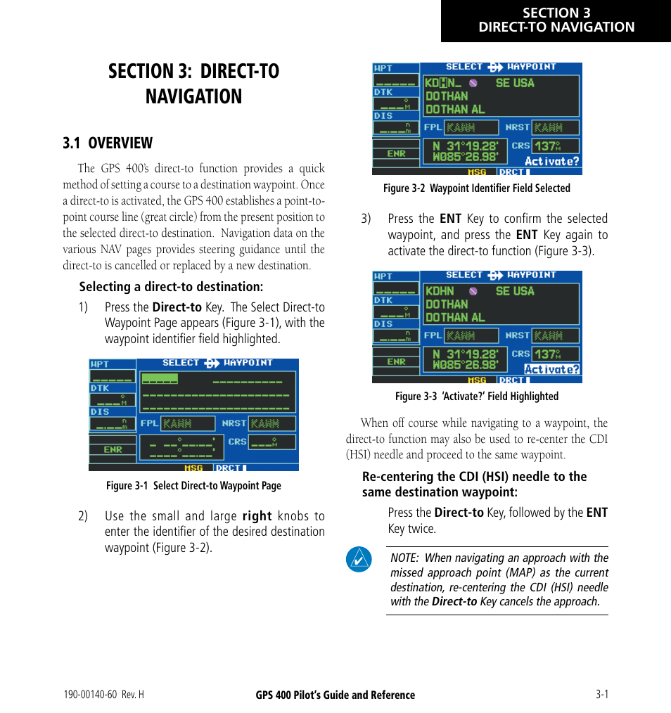 Section 3: direct-to navigation, 1 overview, 1 overview -1 | Garmin GPS 400 User Manual | Page 55 / 244