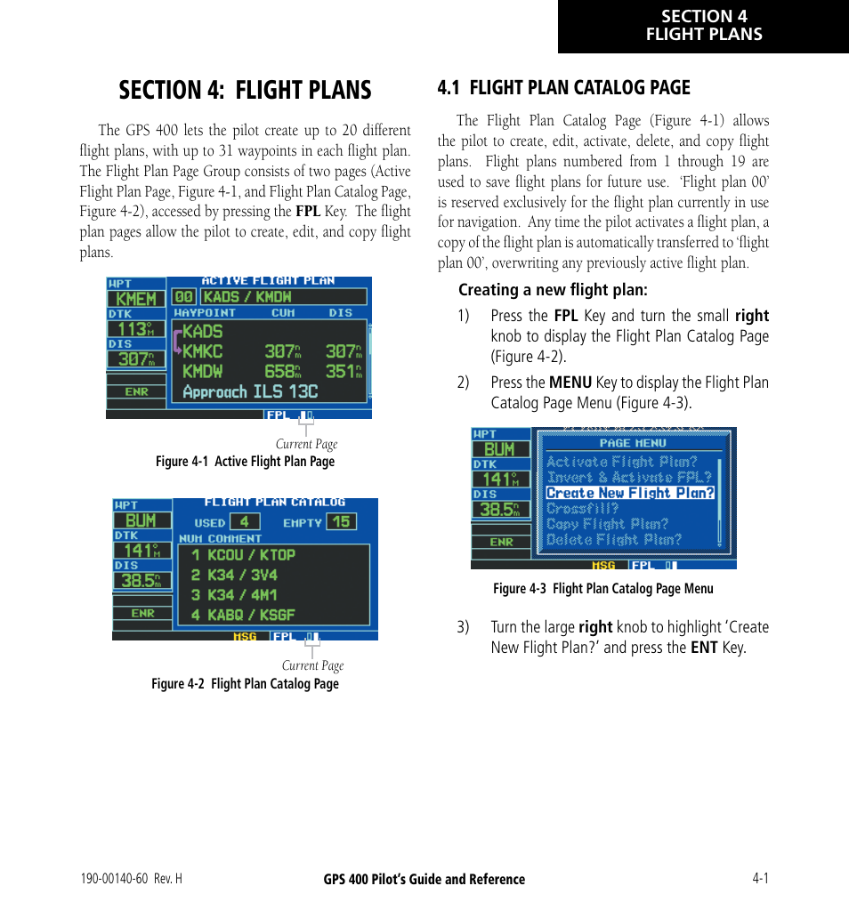 Section 4: flight plans, 1 flight plan catalog page | Garmin GPS 400 User Manual | Page 61 / 244
