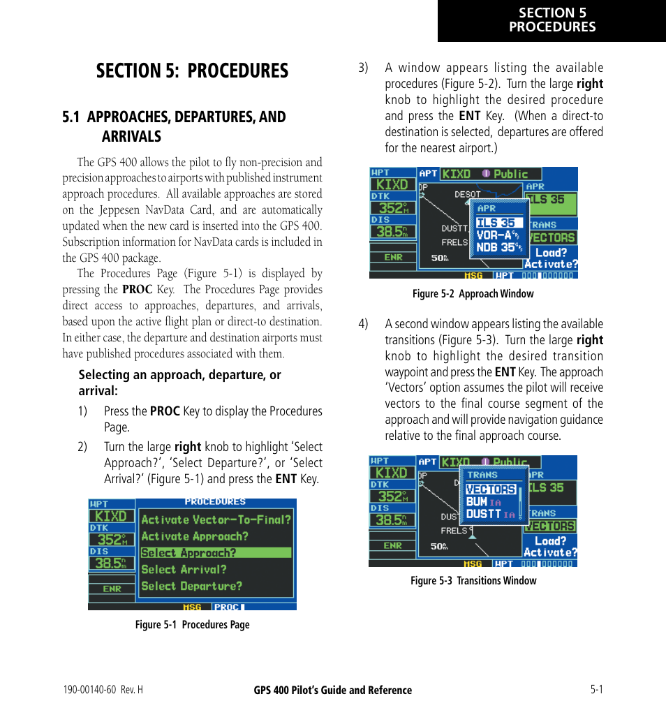 Section 5: procedures, 1 approaches, departures, and arrivals, 1 approaches, departures, and arrivals -1 | Garmin GPS 400 User Manual | Page 77 / 244