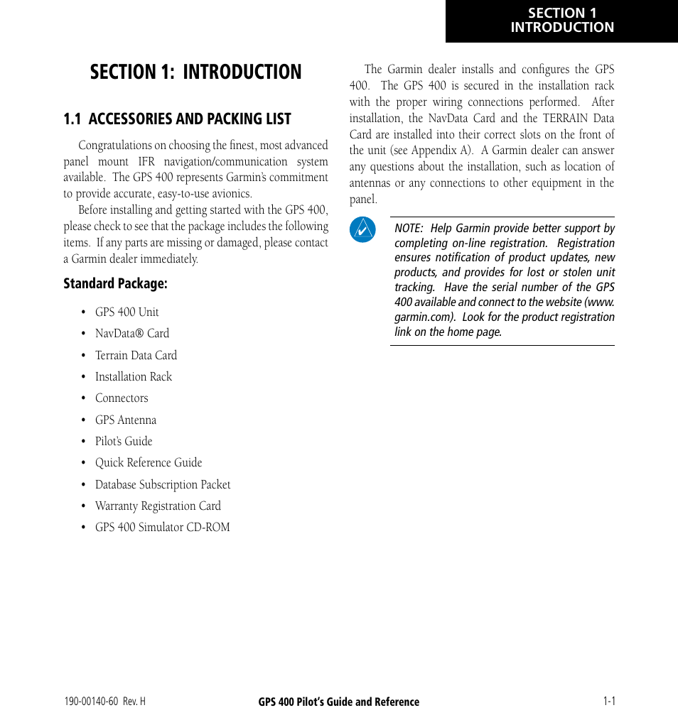 Section 1: introduction, 1 accessories and packing list, 1 accessories and packing list -1 | Garmin GPS 400 User Manual | Page 9 / 244