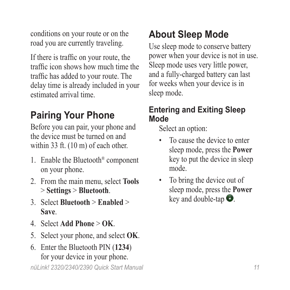 Pairing your phone, About sleep mode | Garmin nuLink! 2390 User Manual | Page 11 / 12