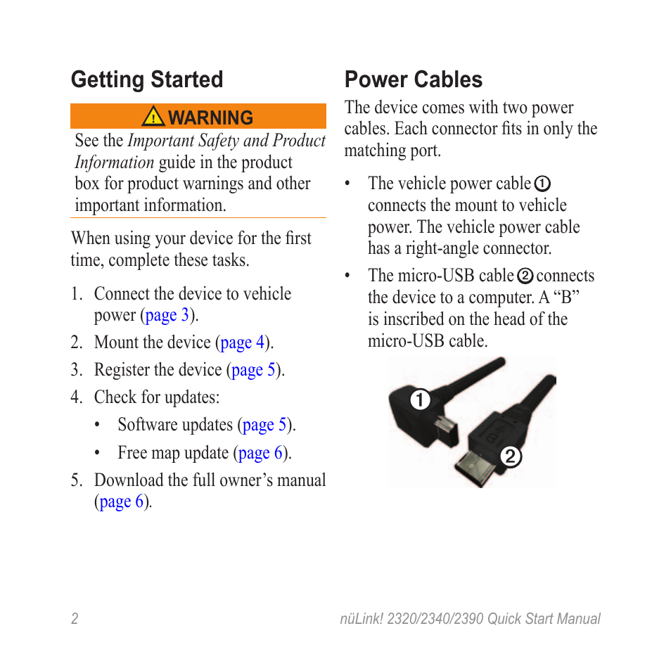 Getting started, Power cables | Garmin nuLink! 2390 User Manual | Page 2 / 12