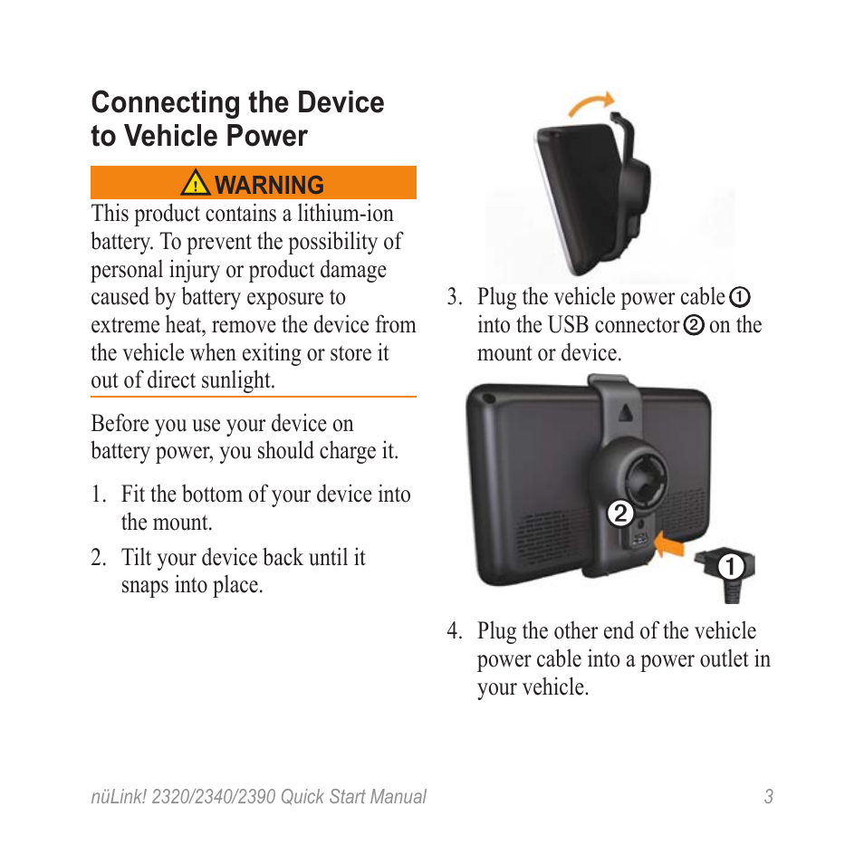 Connecting the device to vehicle power | Garmin nuLink! 2390 User Manual | Page 3 / 12